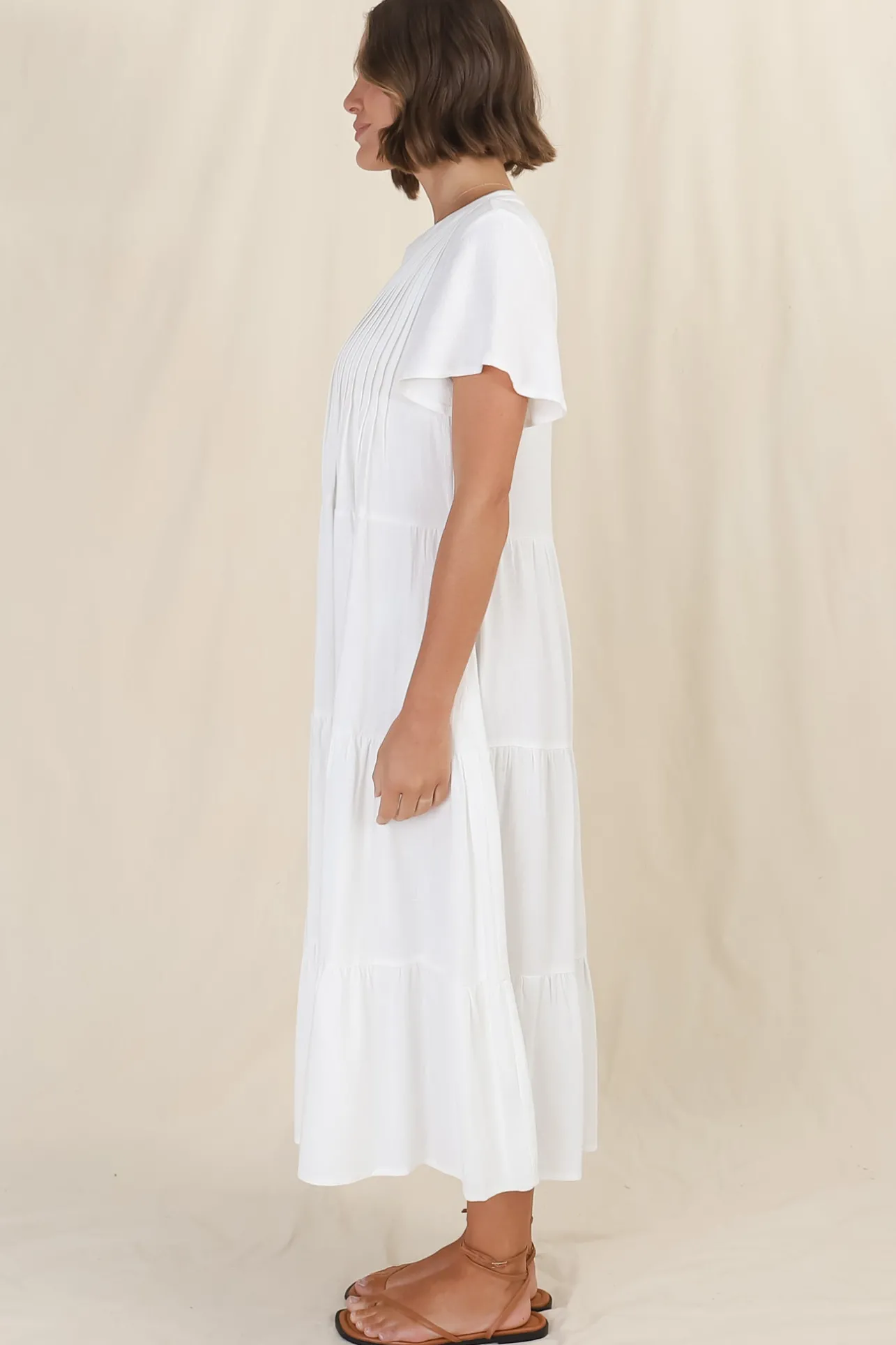 Peggy Midi Dress - Relaxed Mandarin Collar Pleated Bust Tiered Linen Dress in White>Salty Crush Outlet