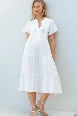 Peggy Midi Dress - Relaxed Mandarin Collar Pleated Bust Tiered Linen Dress in White><noscript><img width=