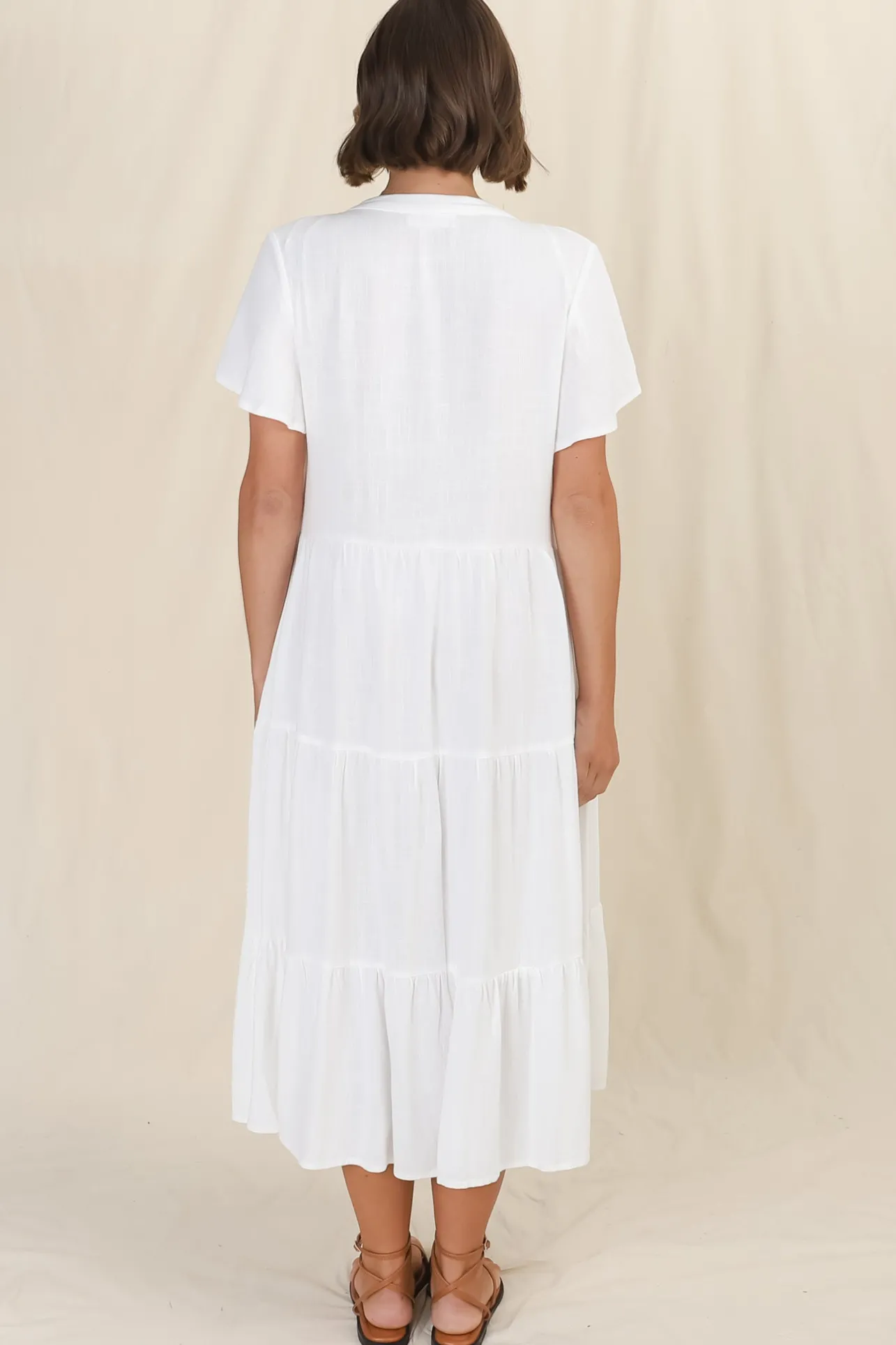 Peggy Midi Dress - Relaxed Mandarin Collar Pleated Bust Tiered Linen Dress in White>Salty Crush Outlet