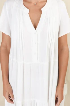Peggy Midi Dress - Relaxed Mandarin Collar Pleated Bust Tiered Linen Dress in White><noscript><img width=