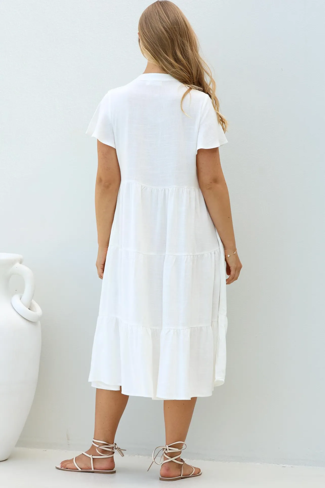 Peggy Midi Dress - Relaxed Mandarin Collar Pleated Bust Tiered Linen Dress in White>Salty Crush Outlet