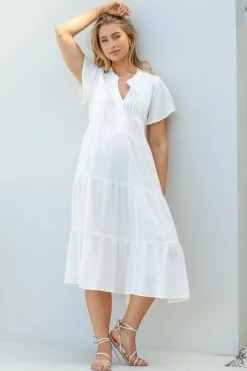 Peggy Midi Dress - Relaxed Mandarin Collar Pleated Bust Tiered Linen Dress in White><noscript><img width=