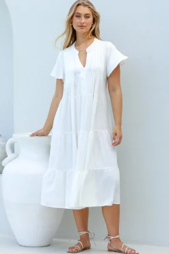 Peggy Midi Dress - Relaxed Mandarin Collar Pleated Bust Tiered Linen Dress in White><noscript><img width=
