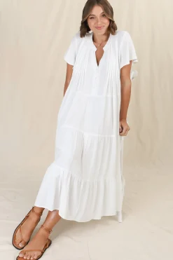 Peggy Midi Dress - Relaxed Mandarin Collar Pleated Bust Tiered Linen Dress in White><noscript><img width=