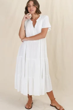 Peggy Midi Dress - Relaxed Mandarin Collar Pleated Bust Tiered Linen Dress in White><noscript><img width=