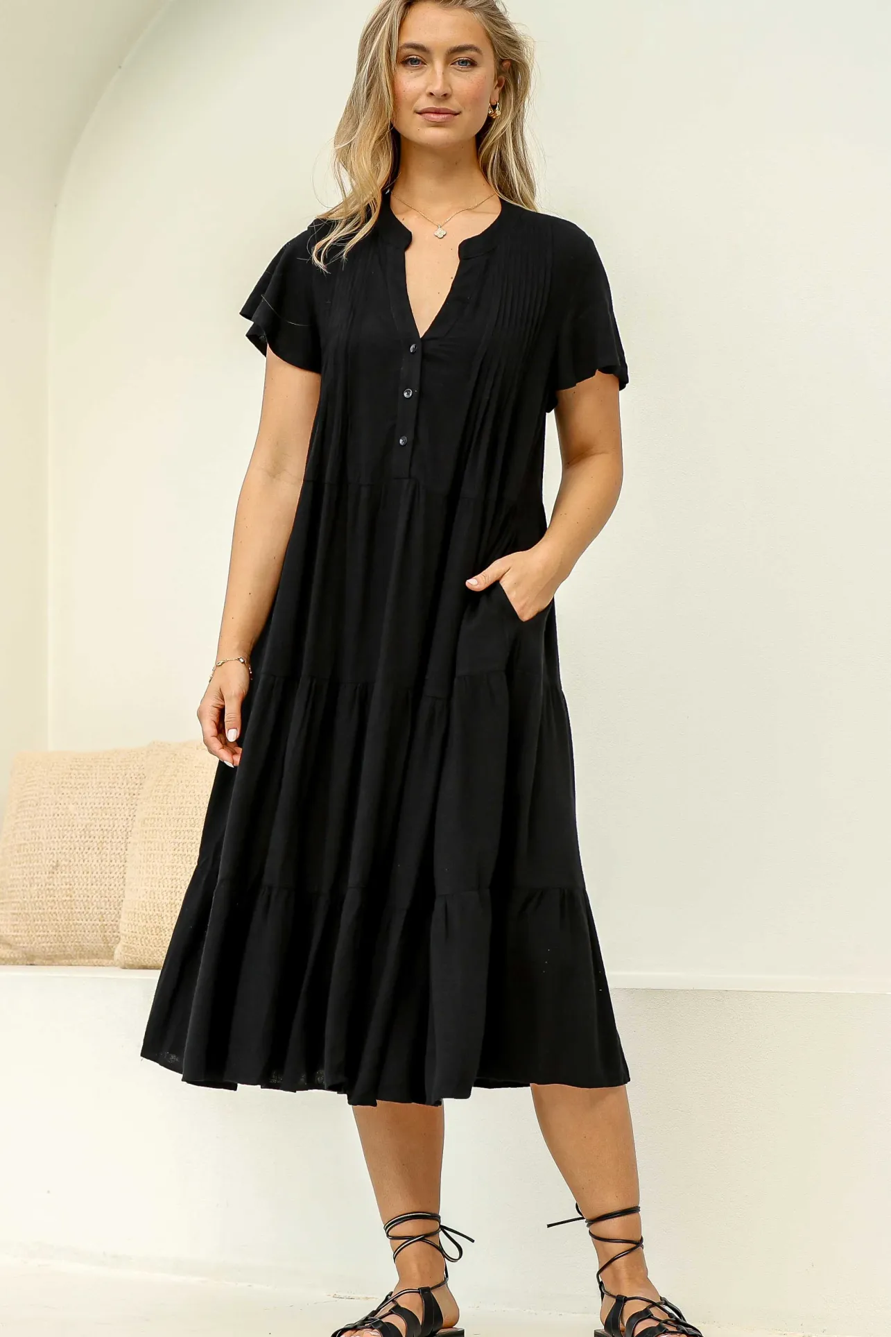 Peggy Midi Dress - Relaxed Mandarin Collar Pleated Bust Tiered Linen Dress in Black>Salty Crush Hot