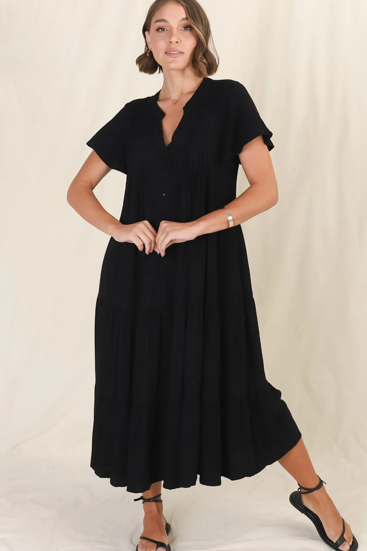 Peggy Midi Dress - Relaxed Mandarin Collar Pleated Bust Tiered Linen Dress in Black>Salty Crush Hot
