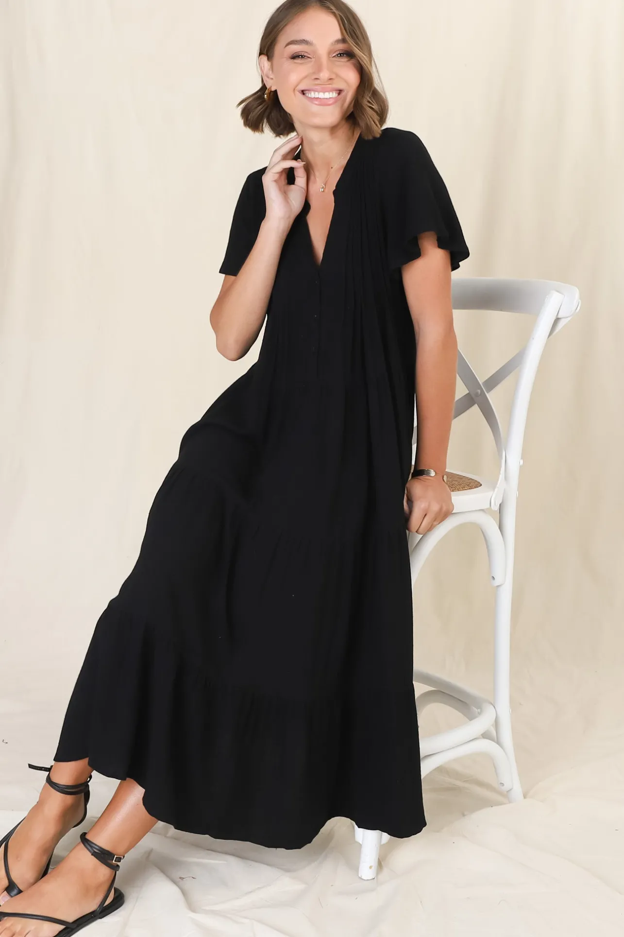 Peggy Midi Dress - Relaxed Mandarin Collar Pleated Bust Tiered Linen Dress in Black>Salty Crush Hot
