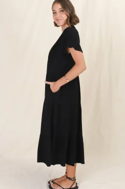Peggy Midi Dress - Relaxed Mandarin Collar Pleated Bust Tiered Linen Dress in Black><noscript><img width=