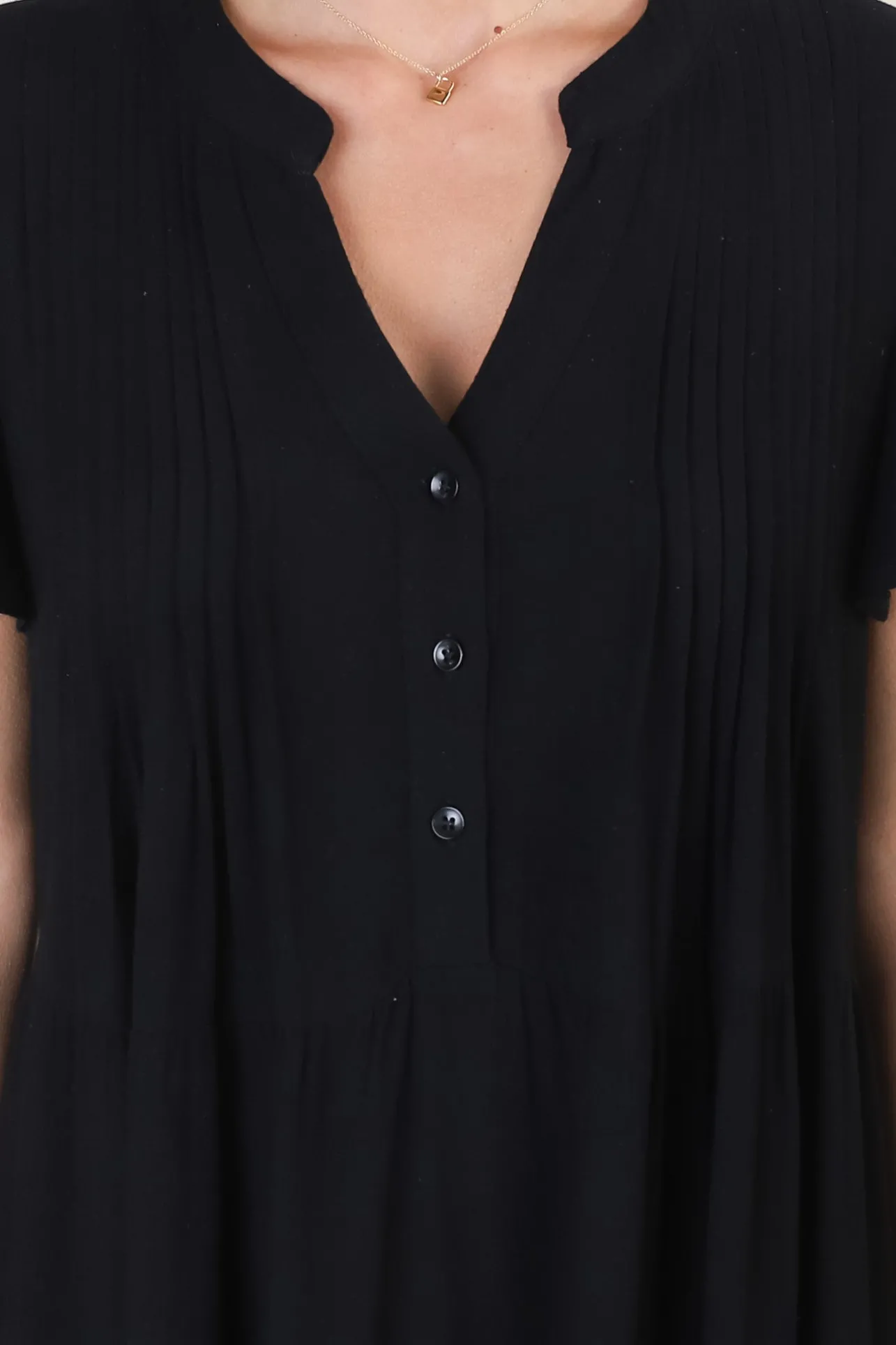 Peggy Midi Dress - Relaxed Mandarin Collar Pleated Bust Tiered Linen Dress in Black>Salty Crush Hot