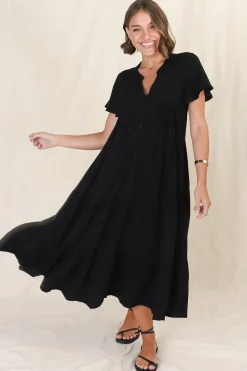 Peggy Midi Dress - Relaxed Mandarin Collar Pleated Bust Tiered Linen Dress in Black><noscript><img width=