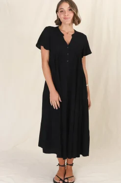 Peggy Midi Dress - Relaxed Mandarin Collar Pleated Bust Tiered Linen Dress in Black><noscript><img width=