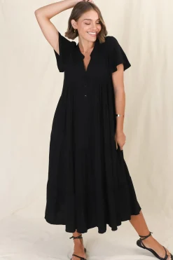 Peggy Midi Dress - Relaxed Mandarin Collar Pleated Bust Tiered Linen Dress in Black><noscript><img width=