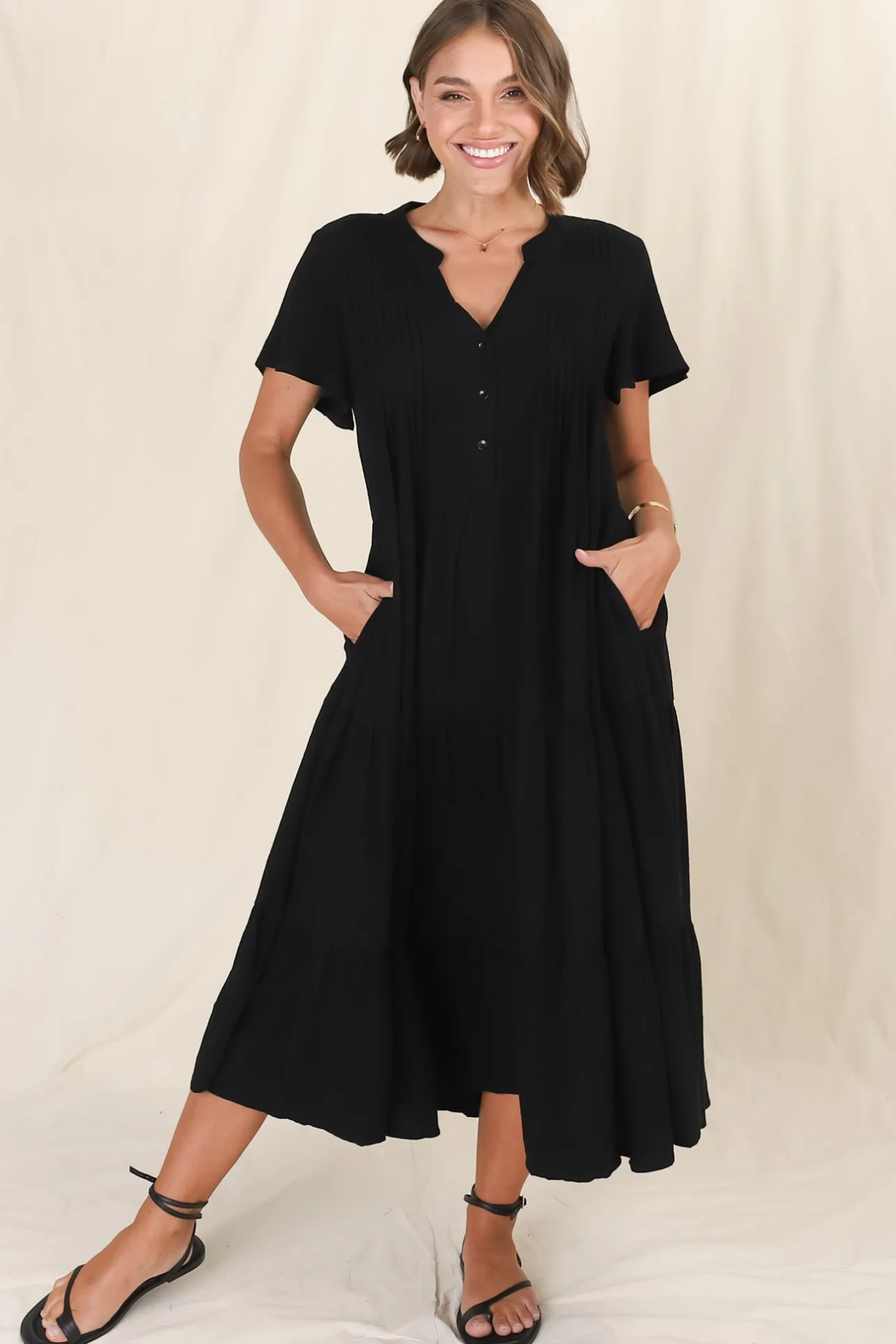 Peggy Midi Dress - Relaxed Mandarin Collar Pleated Bust Tiered Linen Dress in Black>Salty Crush Hot
