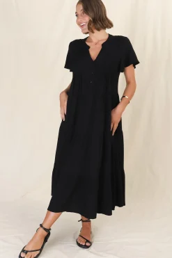 Peggy Midi Dress - Relaxed Mandarin Collar Pleated Bust Tiered Linen Dress in Black><noscript><img width=