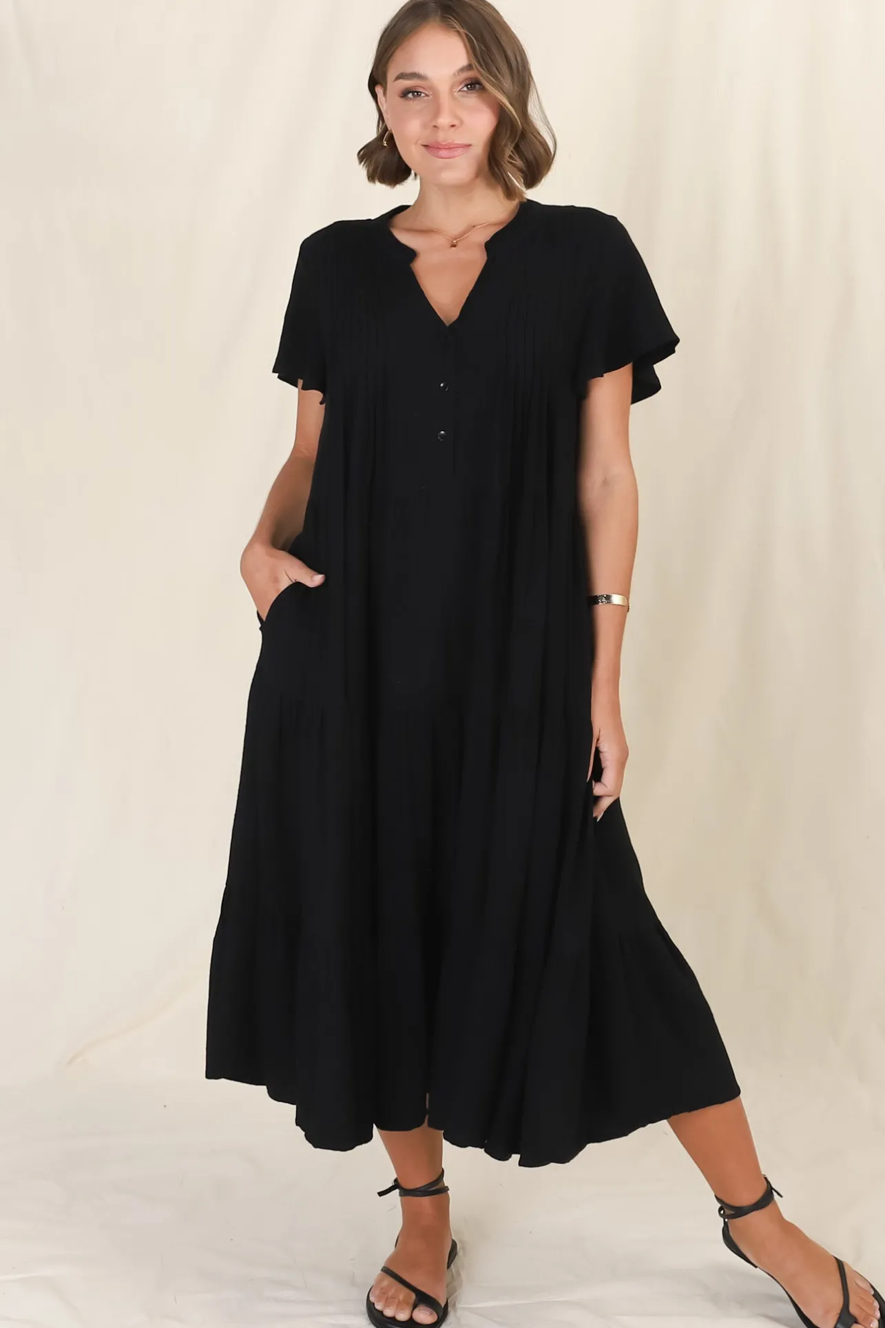 Peggy Midi Dress - Relaxed Mandarin Collar Pleated Bust Tiered Linen Dress in Black>Salty Crush Hot