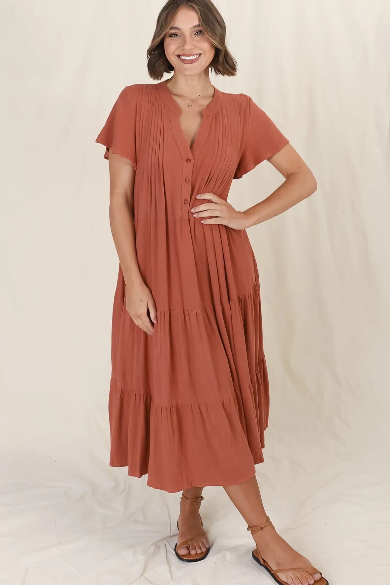Peggy Midi Dress - Relaxed Mandarin Collar Pleated Bust Tiered Linen Dress in Rust>Salty Crush Best
