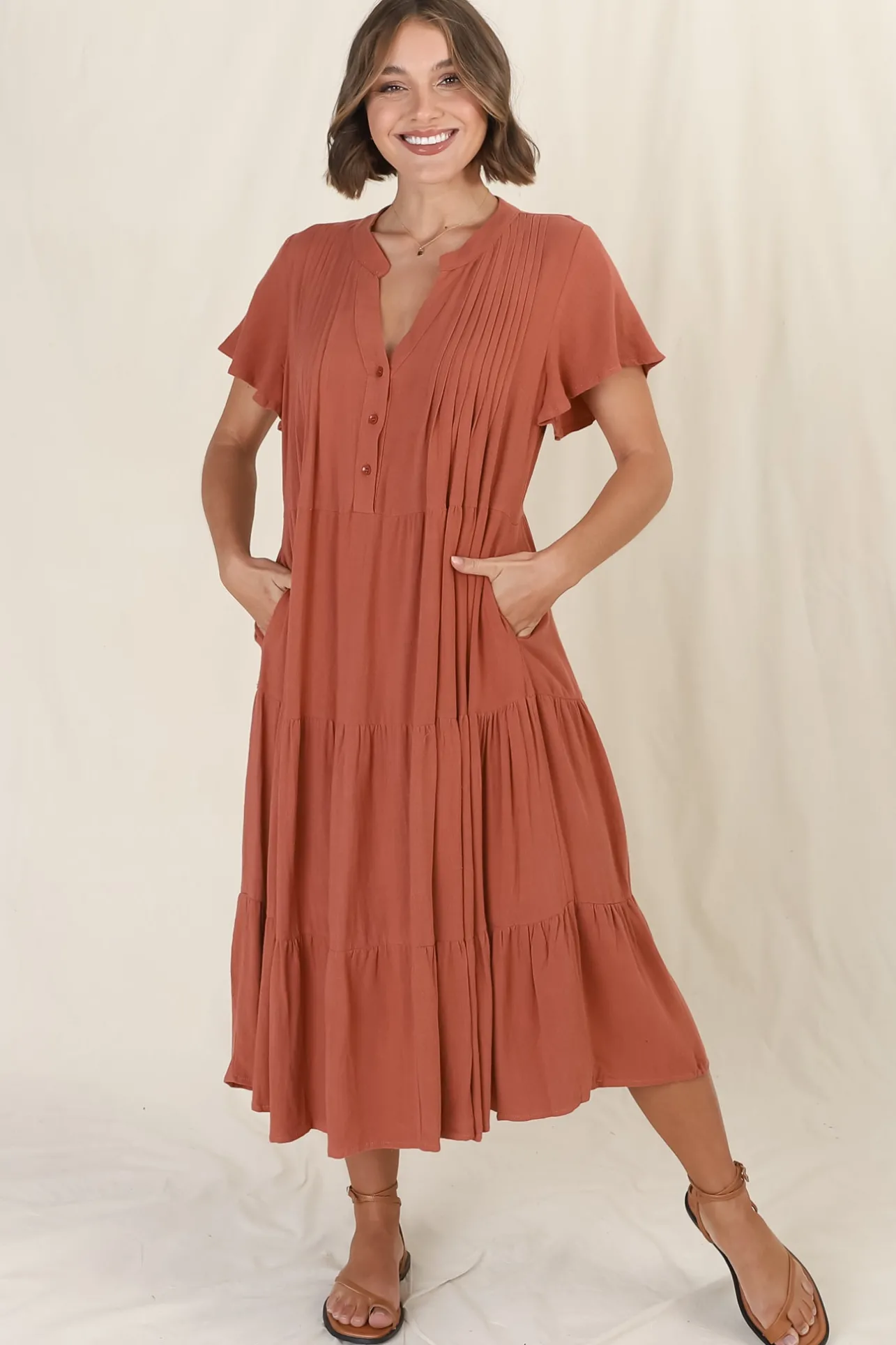 Peggy Midi Dress - Relaxed Mandarin Collar Pleated Bust Tiered Linen Dress in Rust>Salty Crush Best