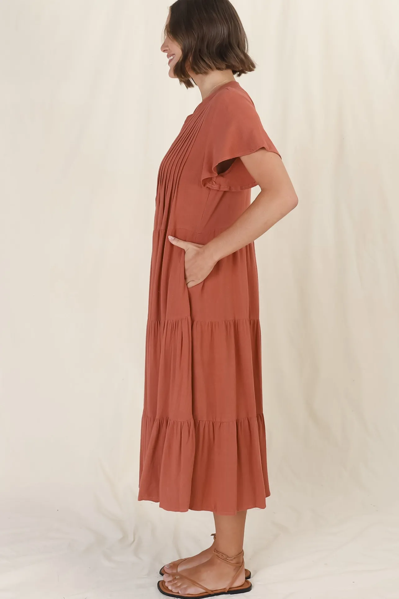 Peggy Midi Dress - Relaxed Mandarin Collar Pleated Bust Tiered Linen Dress in Rust>Salty Crush Best