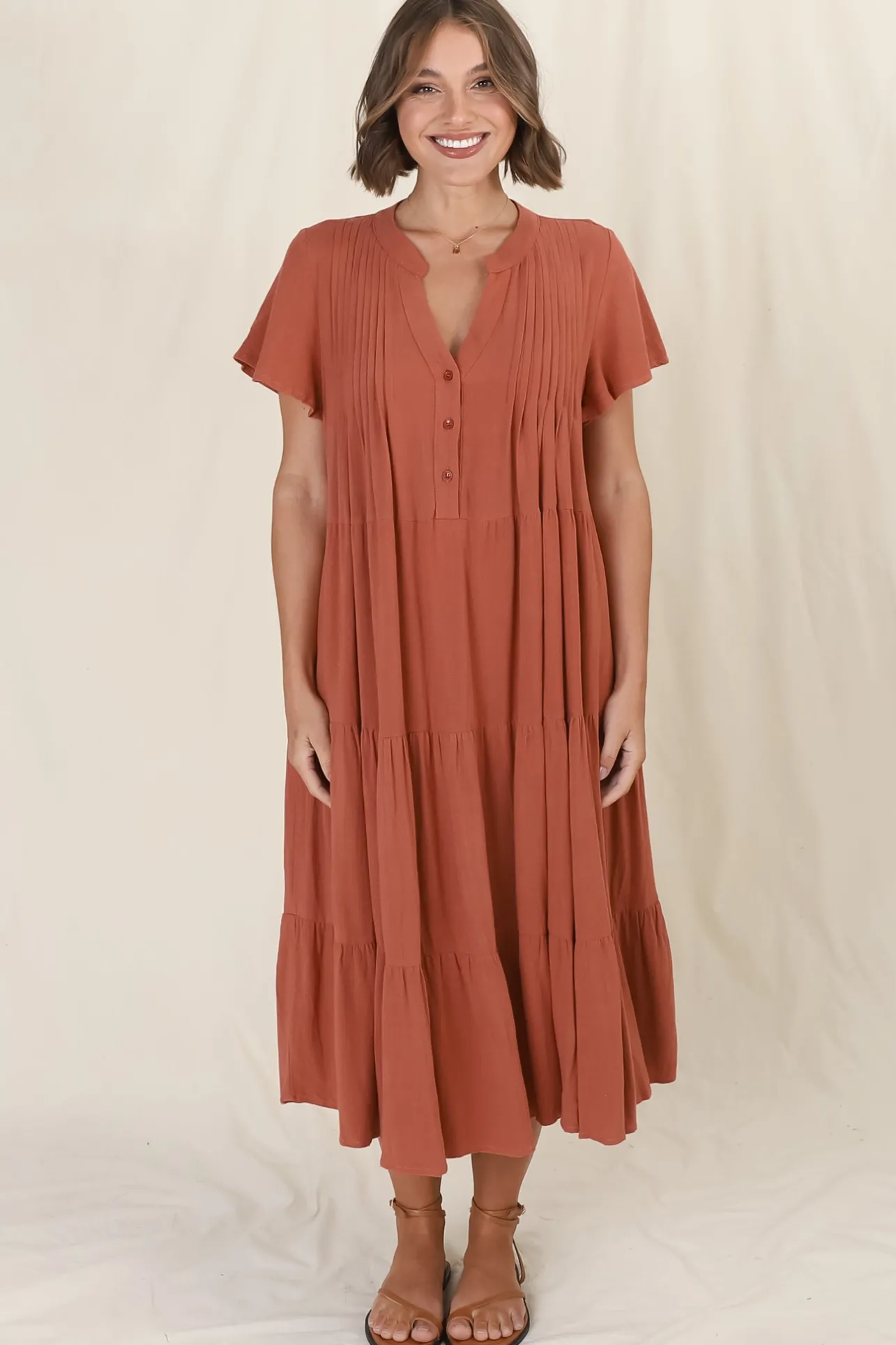 Peggy Midi Dress - Relaxed Mandarin Collar Pleated Bust Tiered Linen Dress in Rust>Salty Crush Best