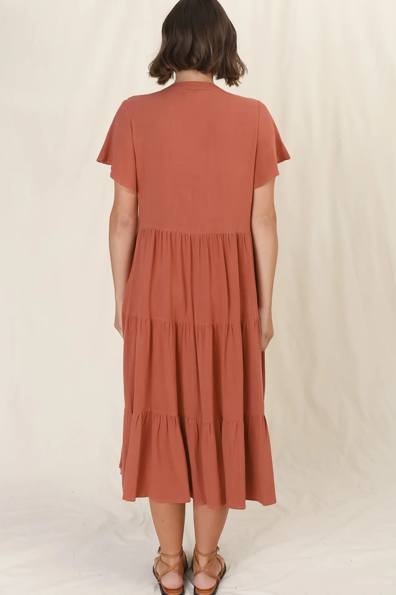 Peggy Midi Dress - Relaxed Mandarin Collar Pleated Bust Tiered Linen Dress in Rust>Salty Crush Best