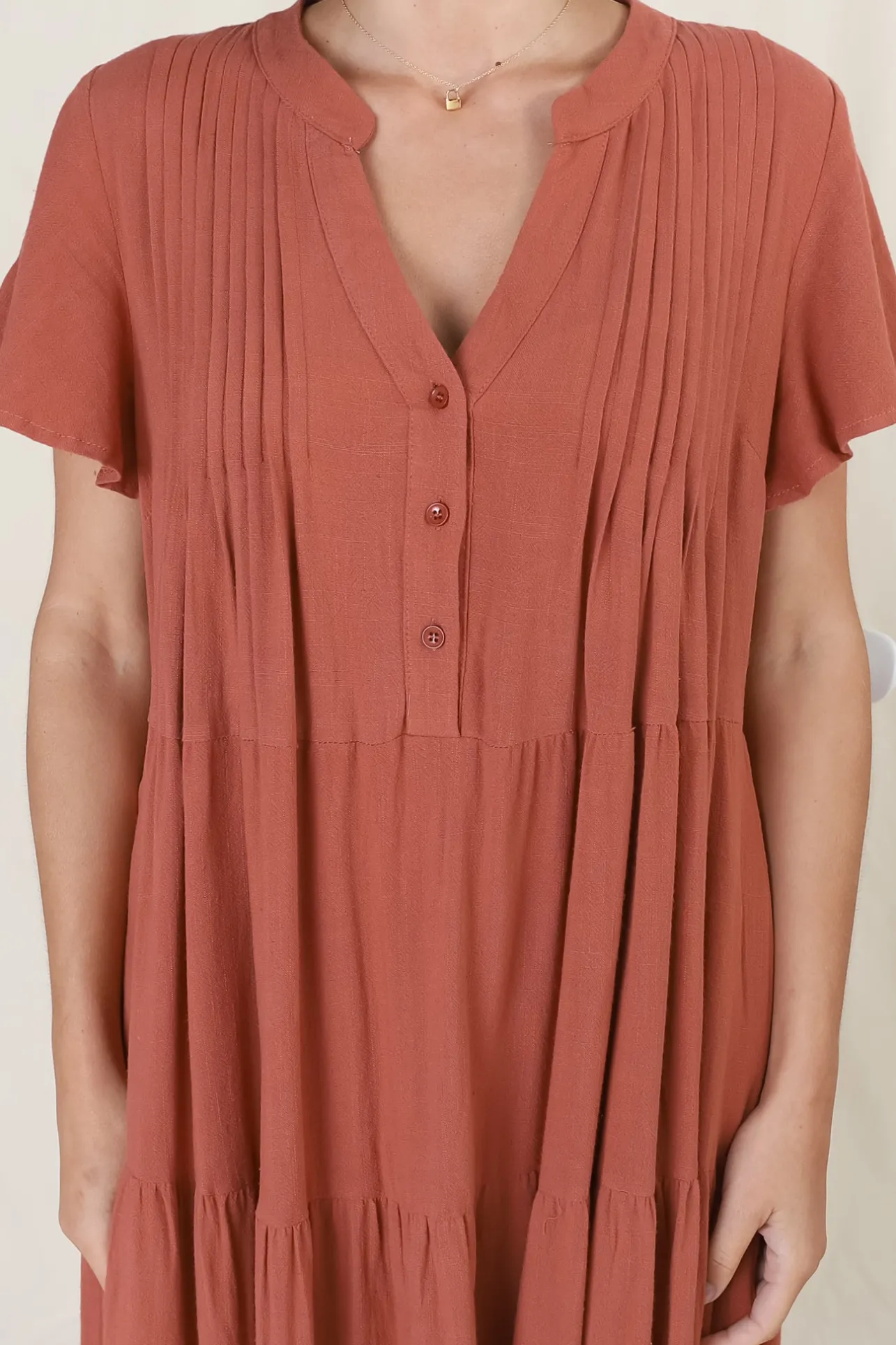 Peggy Midi Dress - Relaxed Mandarin Collar Pleated Bust Tiered Linen Dress in Rust>Salty Crush Best
