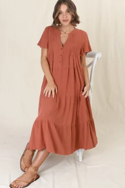 Peggy Midi Dress - Relaxed Mandarin Collar Pleated Bust Tiered Linen Dress in Rust><noscript><img width=