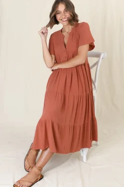 Peggy Midi Dress - Relaxed Mandarin Collar Pleated Bust Tiered Linen Dress in Rust><noscript><img width=