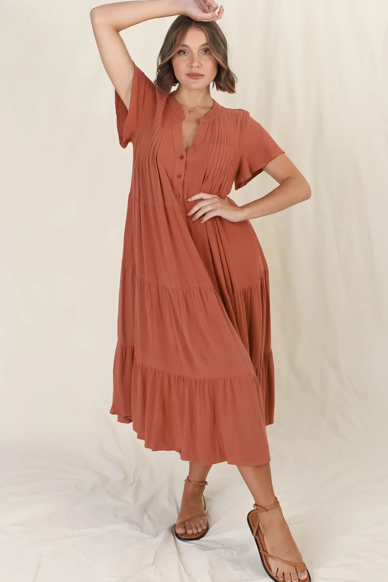 Peggy Midi Dress - Relaxed Mandarin Collar Pleated Bust Tiered Linen Dress in Rust>Salty Crush Best