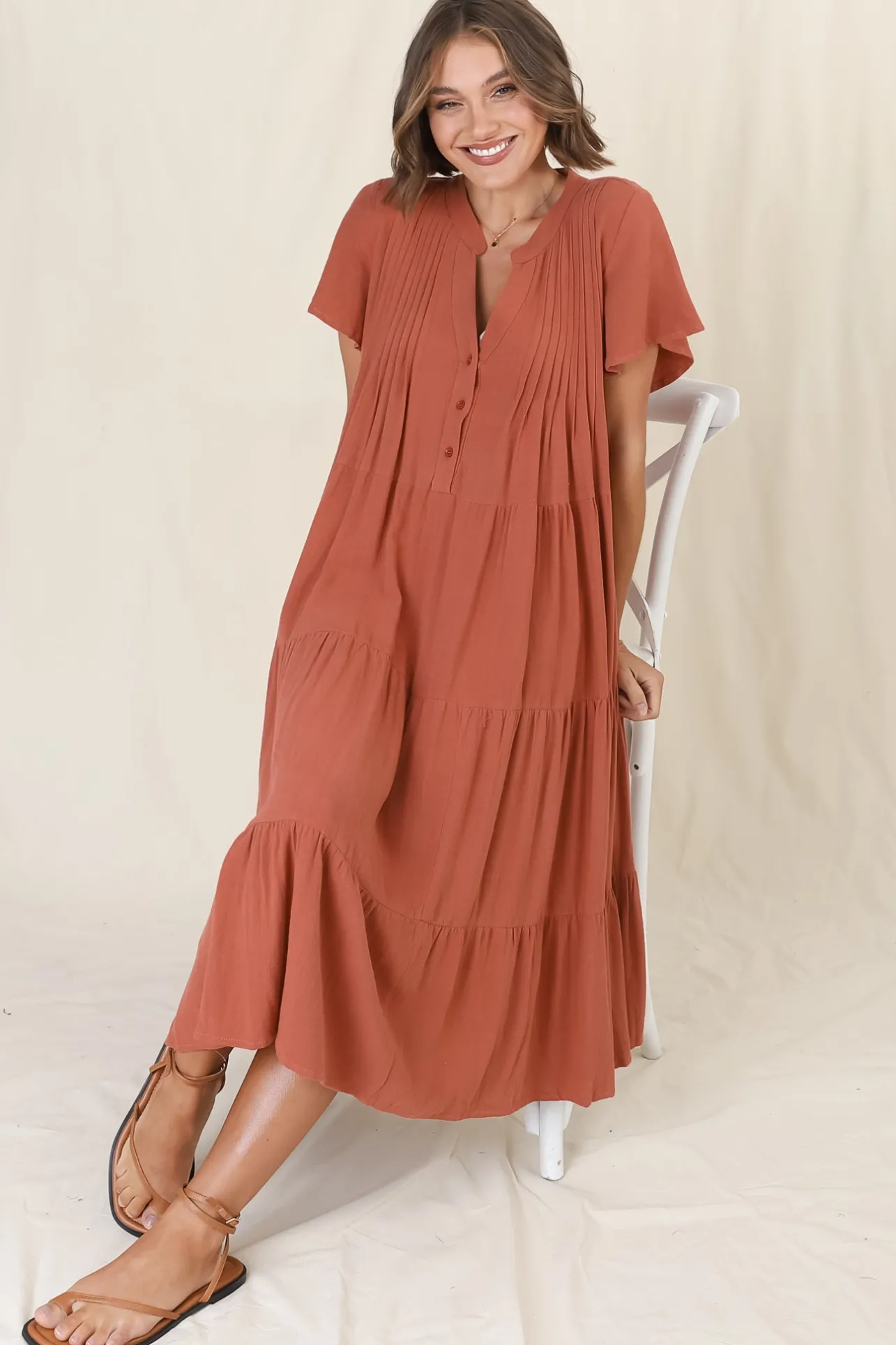 Peggy Midi Dress - Relaxed Mandarin Collar Pleated Bust Tiered Linen Dress in Rust>Salty Crush Best
