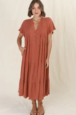 Peggy Midi Dress - Relaxed Mandarin Collar Pleated Bust Tiered Linen Dress in Rust><noscript><img width=