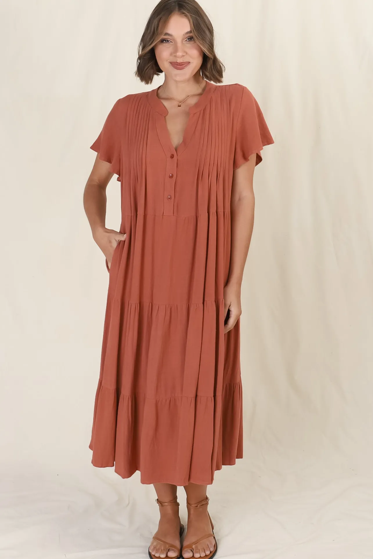 Peggy Midi Dress - Relaxed Mandarin Collar Pleated Bust Tiered Linen Dress in Rust>Salty Crush Best