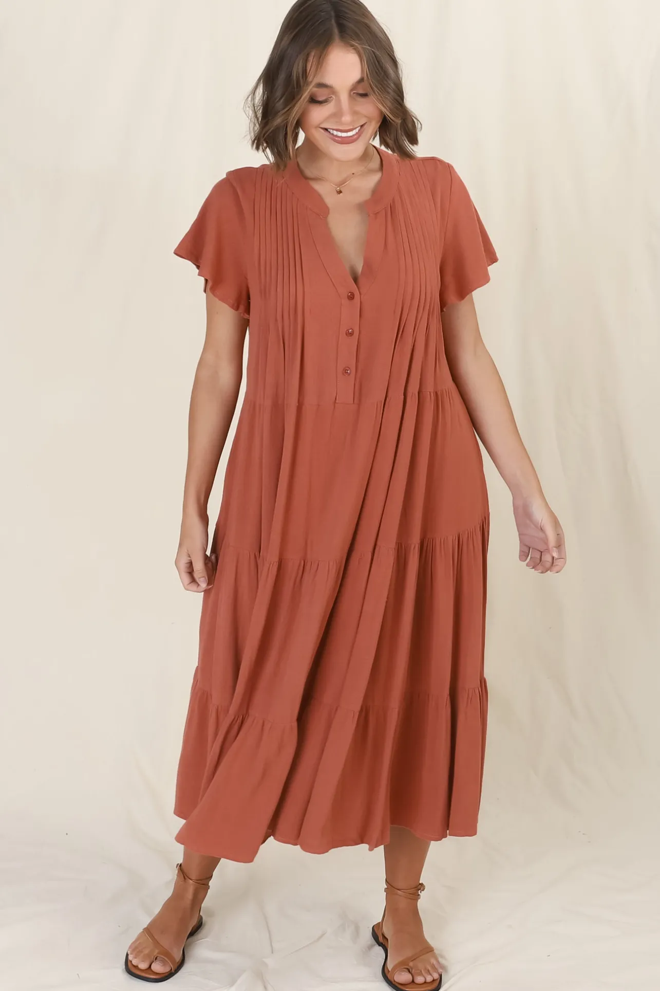 Peggy Midi Dress - Relaxed Mandarin Collar Pleated Bust Tiered Linen Dress in Rust>Salty Crush Best