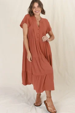 Peggy Midi Dress - Relaxed Mandarin Collar Pleated Bust Tiered Linen Dress in Rust><noscript><img width=