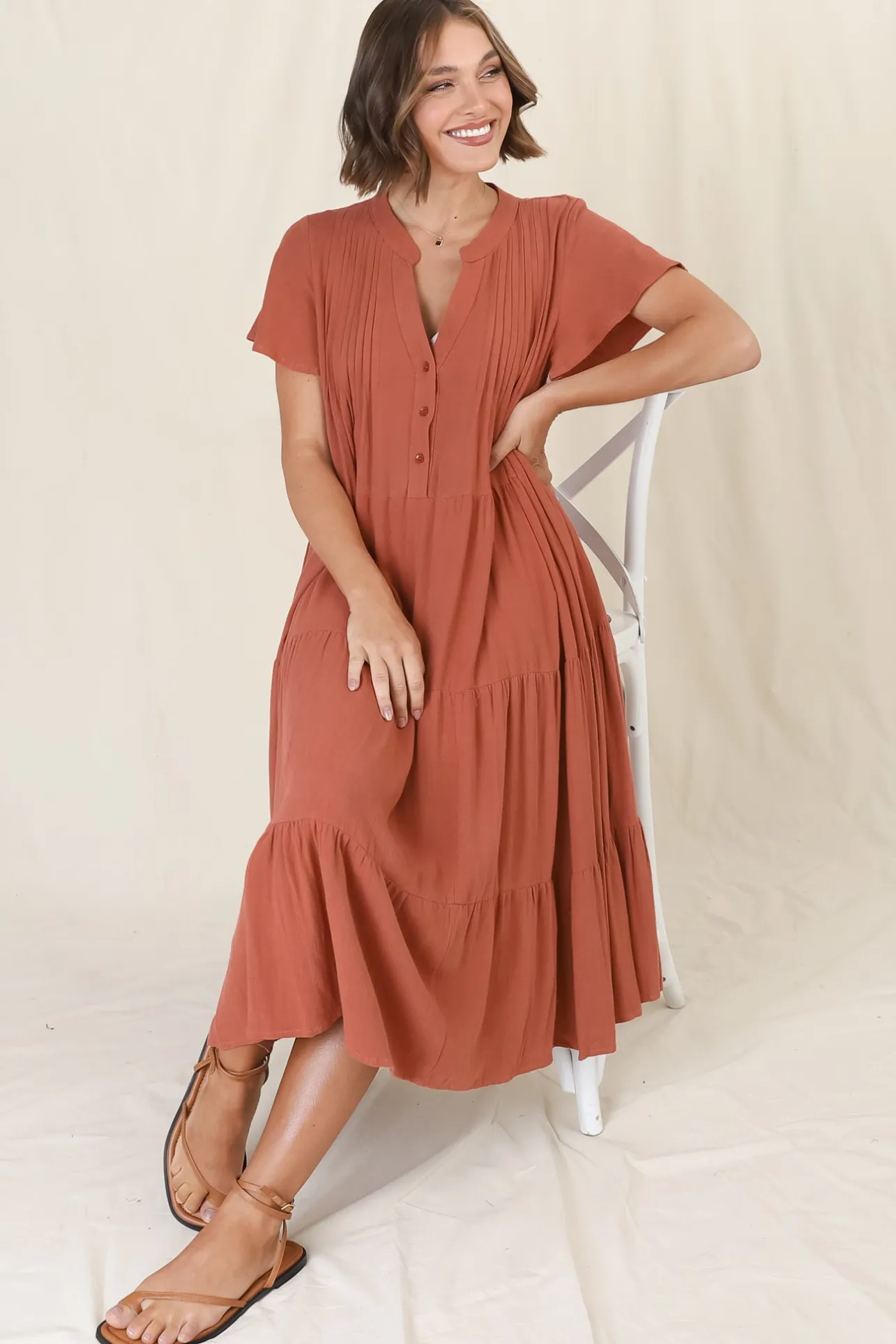 Peggy Midi Dress - Relaxed Mandarin Collar Pleated Bust Tiered Linen Dress in Rust>Salty Crush Best