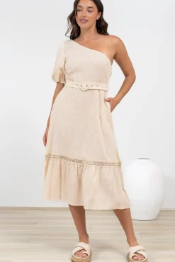 Penelope Midi Dress - Asymmetric One Shoulder Dress with Matching Belt in Oatmeal>Salty Crush Clearance