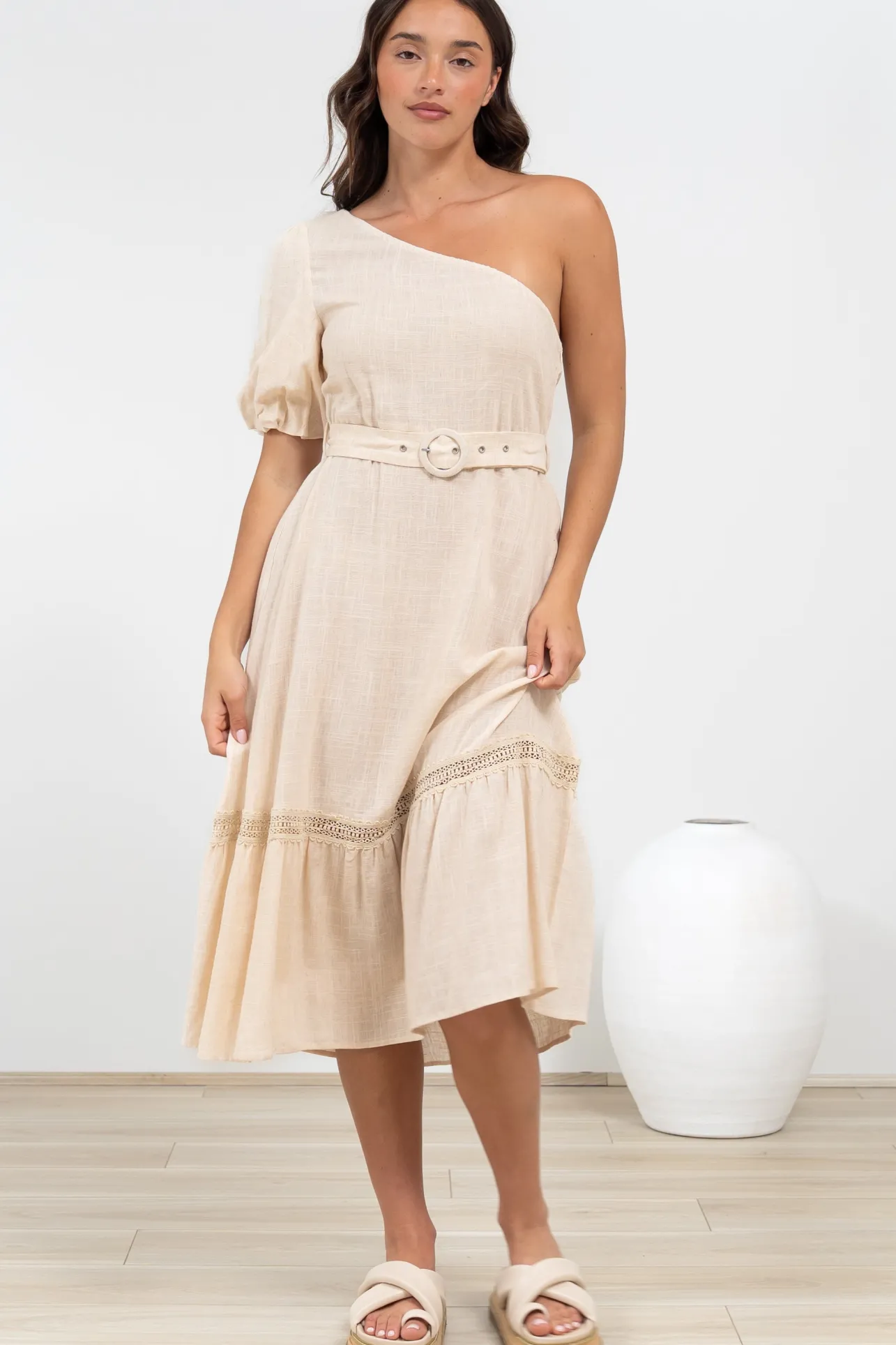 Penelope Midi Dress - Asymmetric One Shoulder Dress with Matching Belt in Oatmeal>Salty Crush Clearance