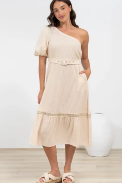 Penelope Midi Dress - Asymmetric One Shoulder Dress with Matching Belt in Oatmeal><noscript><img width=