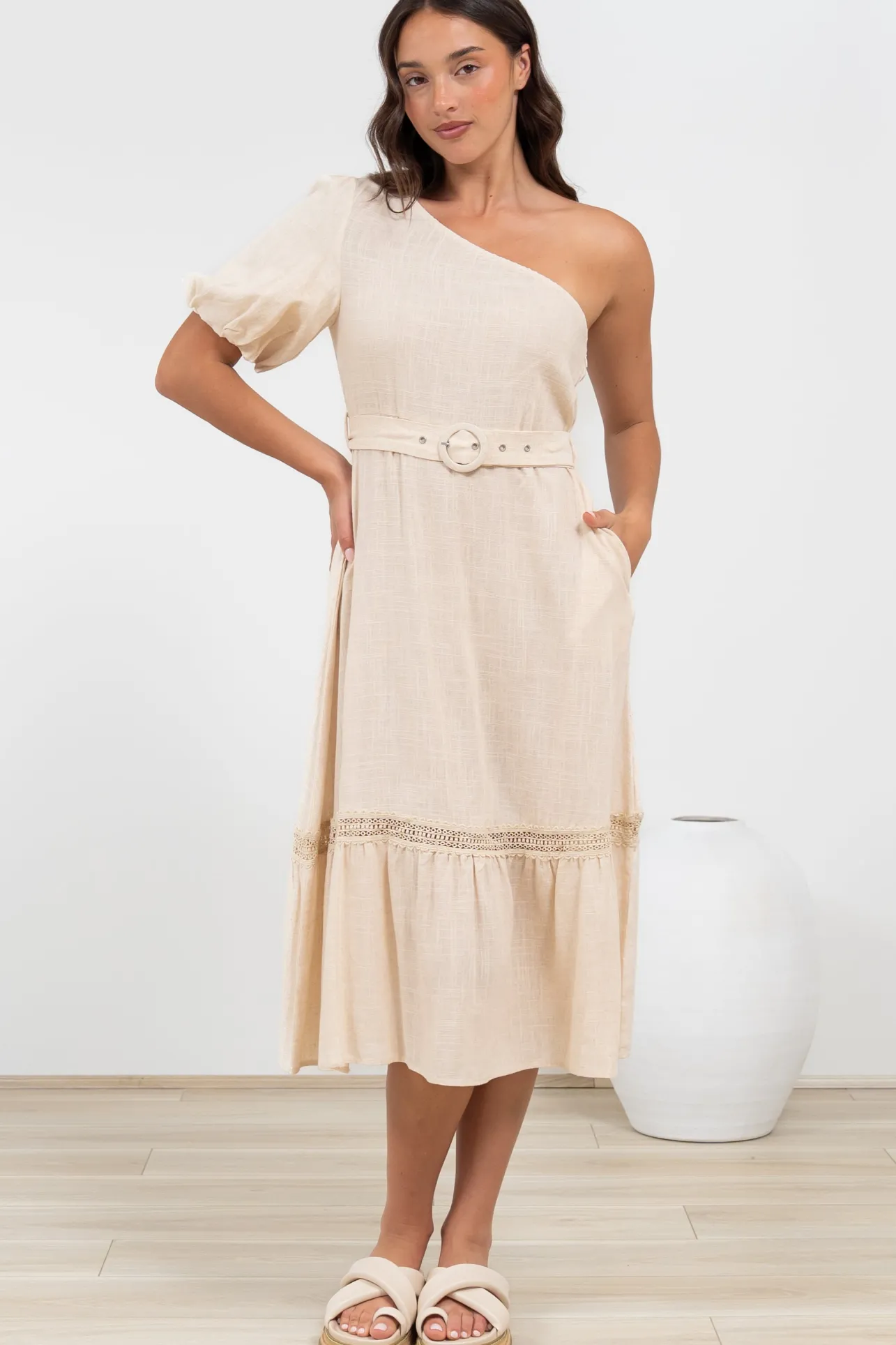 Penelope Midi Dress - Asymmetric One Shoulder Dress with Matching Belt in Oatmeal>Salty Crush Clearance