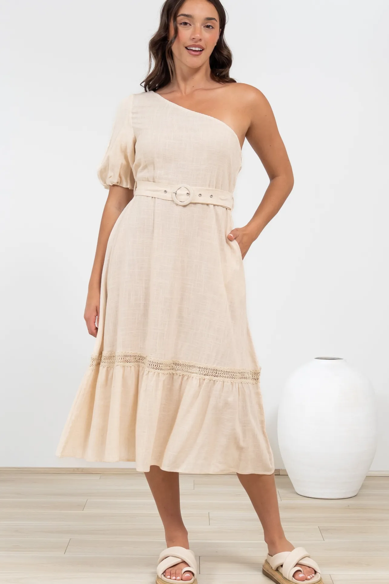Penelope Midi Dress - Asymmetric One Shoulder Dress with Matching Belt in Oatmeal>Salty Crush Clearance