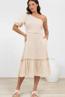 Penelope Midi Dress - Asymmetric One Shoulder Dress with Matching Belt in Oatmeal><noscript><img width=