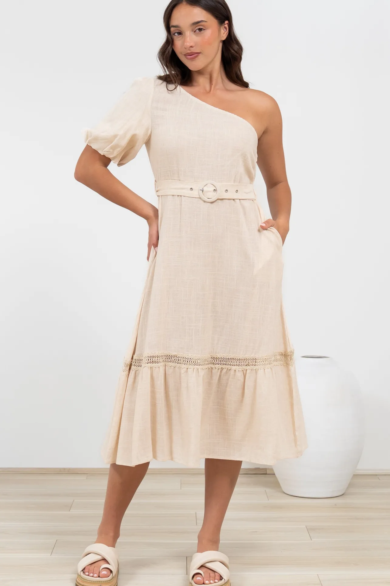 Penelope Midi Dress - Asymmetric One Shoulder Dress with Matching Belt in Oatmeal>Salty Crush Clearance
