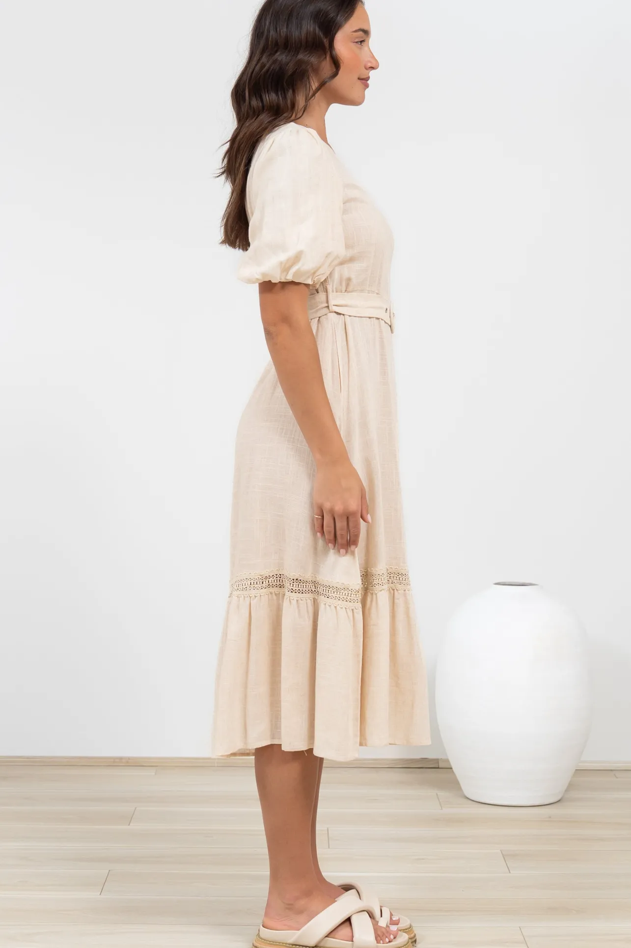 Penelope Midi Dress - Asymmetric One Shoulder Dress with Matching Belt in Oatmeal>Salty Crush Clearance