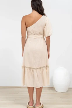 Penelope Midi Dress - Asymmetric One Shoulder Dress with Matching Belt in Oatmeal><noscript><img width=
