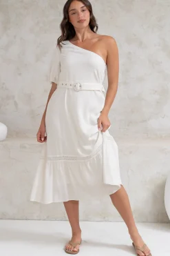 Penelope Midi Dress - Asymmetric One Shoulder Dress with Matching Belt in White>Salty Crush Hot