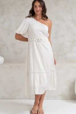 Penelope Midi Dress - Asymmetric One Shoulder Dress with Matching Belt in White><noscript><img width=