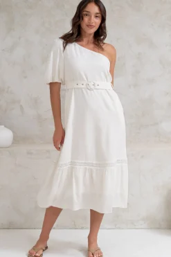 Penelope Midi Dress - Asymmetric One Shoulder Dress with Matching Belt in White><noscript><img width=