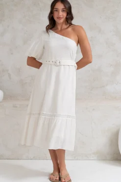 Penelope Midi Dress - Asymmetric One Shoulder Dress with Matching Belt in White><noscript><img width=