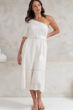 Penelope Midi Dress - Asymmetric One Shoulder Dress with Matching Belt in White><noscript><img width=