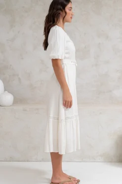 Penelope Midi Dress - Asymmetric One Shoulder Dress with Matching Belt in White><noscript><img width=